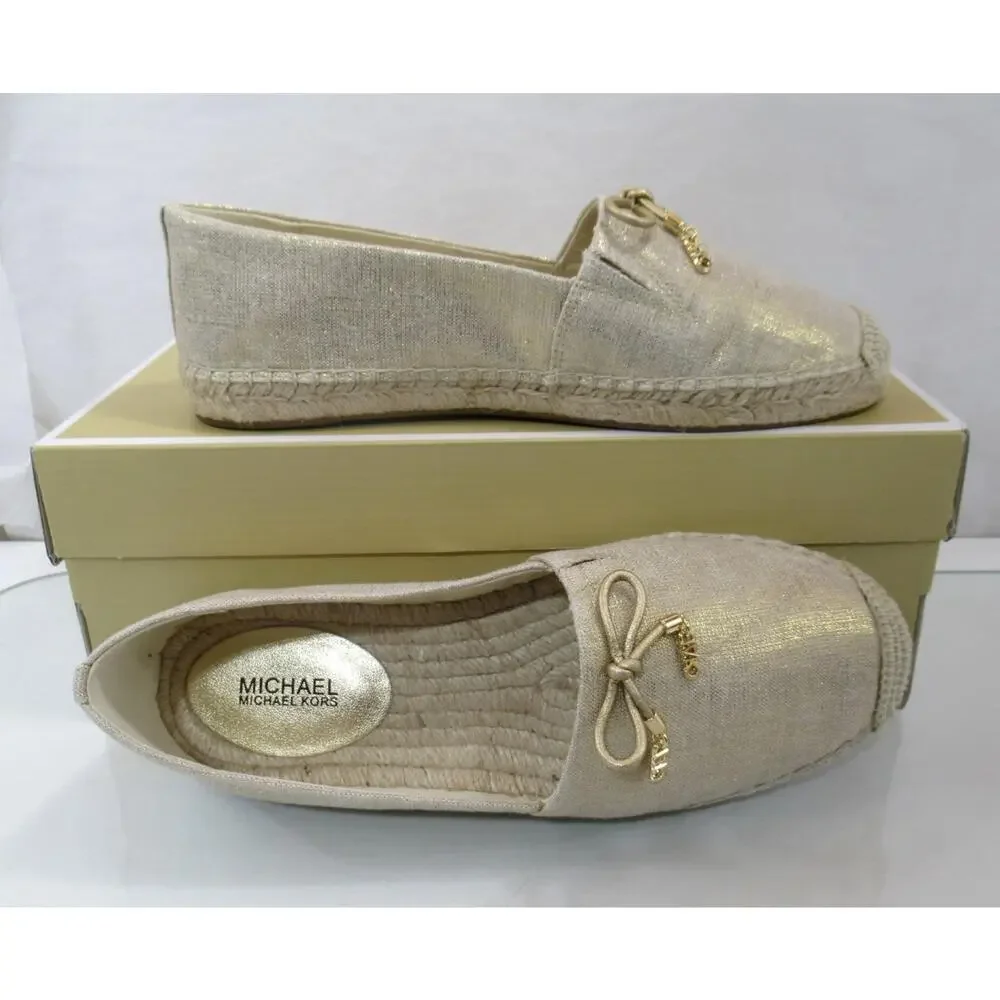 Michael Kors Nori Slip On Size 7 Espadrille MK Logo Metallic Linen Pale Gold